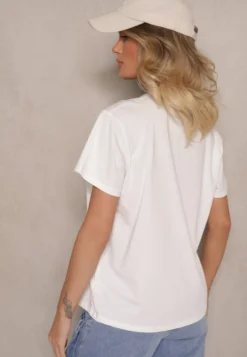 Biały Bawełniany T-shirt z Brokatem i Nadrukiem Nalamis