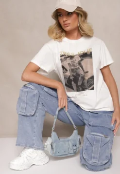 Biały Bawełniany T-shirt z Brokatem i Nadrukiem Nalamis