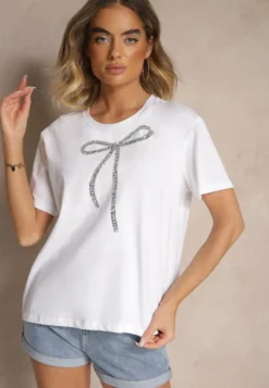 Biały Bawełniany T-shirt z Cekinową Aplikacją w Kształcie Kokardy Tenuria