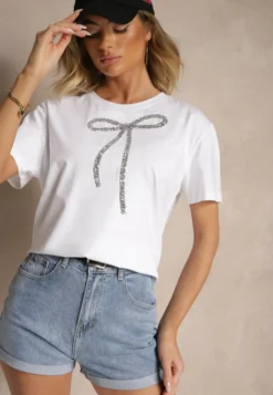 Biały Bawełniany T-shirt z Cekinową Aplikacją w Kształcie Kokardy Tenuria