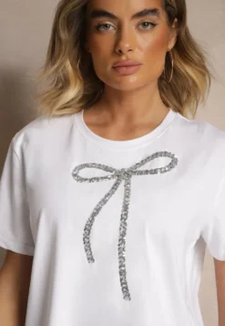 Biały Bawełniany T-shirt z Cekinową Aplikacją w Kształcie Kokardy Tenuria