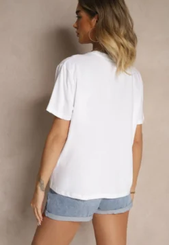 Biały Bawełniany T-shirt z Cekinową Aplikacją w Kształcie Kokardy Tenuria
