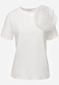 Biały Bawełniany T-shirt z Krótkim Rękawem i Ozdobnym Kwiatem Krissas