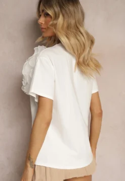 Biały Bawełniany T-shirt z Krótkim Rękawem i Ozdobnym Kwiatem Krissas
