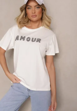 Biały Bawełniany T-shirt z Napisem z Cekinami Marivinna
