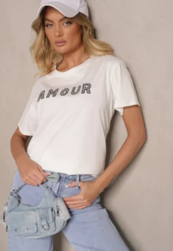 Biały Bawełniany T-shirt z Napisem z Cekinami Marivinna