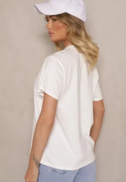 Biały Bawełniany T-shirt z Napisem z Cekinami Marivinna