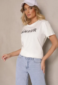 Biały Bawełniany T-shirt z Napisem z Cekinami Marivinna