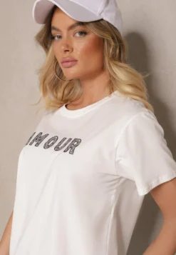 Biały Bawełniany T-shirt z Napisem z Cekinami Marivinna