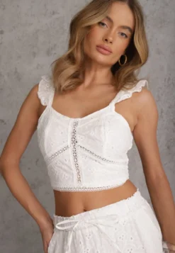 Biały Boho Komplet Top Koronkowy na Ramiączkach Spódnica z Gumką w Pasie Evoolia
