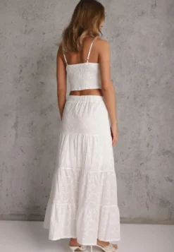 Biały Boho Komplet Top z Haftowanej Tkaniny Spódnica z Gumką w Talii i Falbanką Worpia