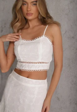 Biały Boho Komplet Top z Haftowanej Tkaniny Spódnica z Gumką w Talii i Falbanką Worpia