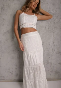 Biały Boho Komplet Top z Haftowanej Tkaniny Spódnica z Gumką w Talii i Falbanką Worpia