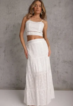 Biały Boho Komplet Top z Haftowanej Tkaniny Spódnica z Gumką w Talii i Falbanką Worpia