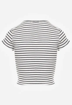 Biały Crop Top Bawełny z Prążkowanej Dzianiny w Paski Ozdobiony Wycięciem Ionilla