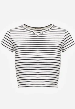 Biały Crop Top Bawełny z Prążkowanej Dzianiny w Paski Ozdobiony Wycięciem Ionilla