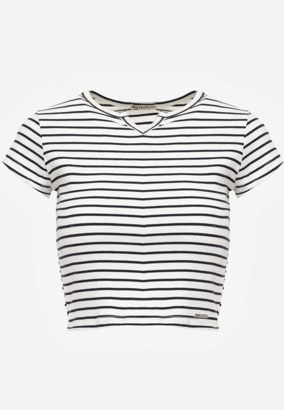 Biały Crop Top Bawełny z Prążkowanej Dzianiny w Paski Ozdobiony Wycięciem Ionilla