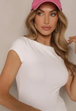 Biały Dopasowany T-shirt z Bawełny z Dekoltem o Kształcie Łódki Gallenia