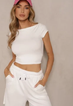Biały Dopasowany T-shirt z Bawełny z Dekoltem o Kształcie Łódki Gallenia