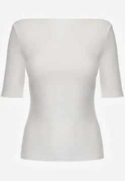 Biały Dopasowany T-shirt z Wiskozy z Dekoltem w Łódkę Vivianna