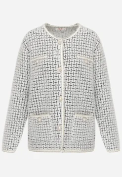 Biały Kardigan z Wełną w Geometryczny Print z Guzikami w Stylu Pereł Ifre