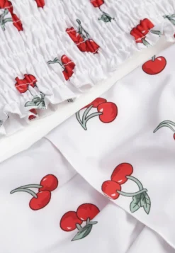 Biały Komplet Top z Kokardkami i Spódnica w Print z Wisienkami Talitora