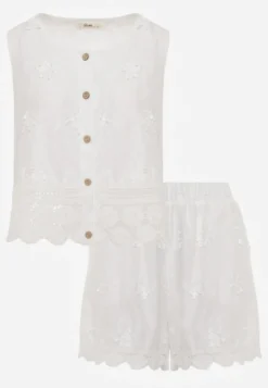 Biały Komplet z Bawełny Szerokie Szorty i Bluzka bez Rękawów z Haftowaniem Calie
