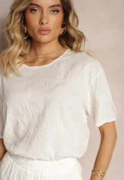 Biały Komplet z Wyszywanymi Kwiatami Luźny T-shirt i Proste Spodnie Namselin