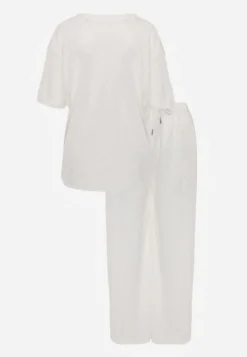 Biały Oversizowy Komplet Zdobiony Cyrkoniami T-shirt i Spodnie Arnateia