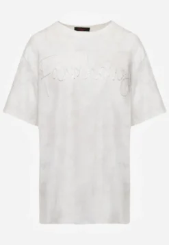 Biały Oversizowy T-shirt z Bawełny Zdobiony Haftem z Cekinami Marivia