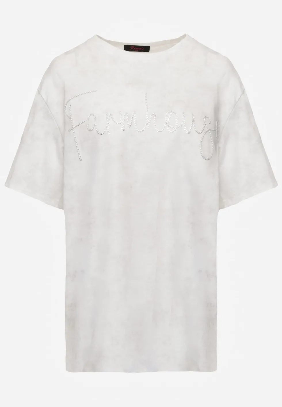 Biały Oversizowy T-shirt z Bawełny Zdobiony Haftem z Cekinami Marivia