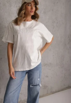 Biały Oversizowy T-shirt z Bawełny Zdobiony Haftem z Cekinami Marivia