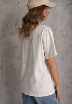 Biały Oversizowy T-shirt z Bawełny Zdobiony Haftem z Cekinami Marivia