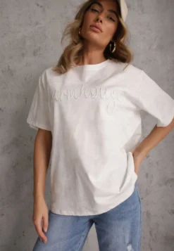 Biały Oversizowy T-shirt z Bawełny Zdobiony Haftem z Cekinami Marivia