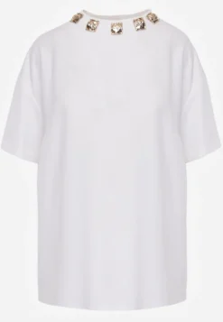 Biały Oversizowy T-shirt z Bawełny Zdobiony Kwadratowymi Aplikacjami Evesilea