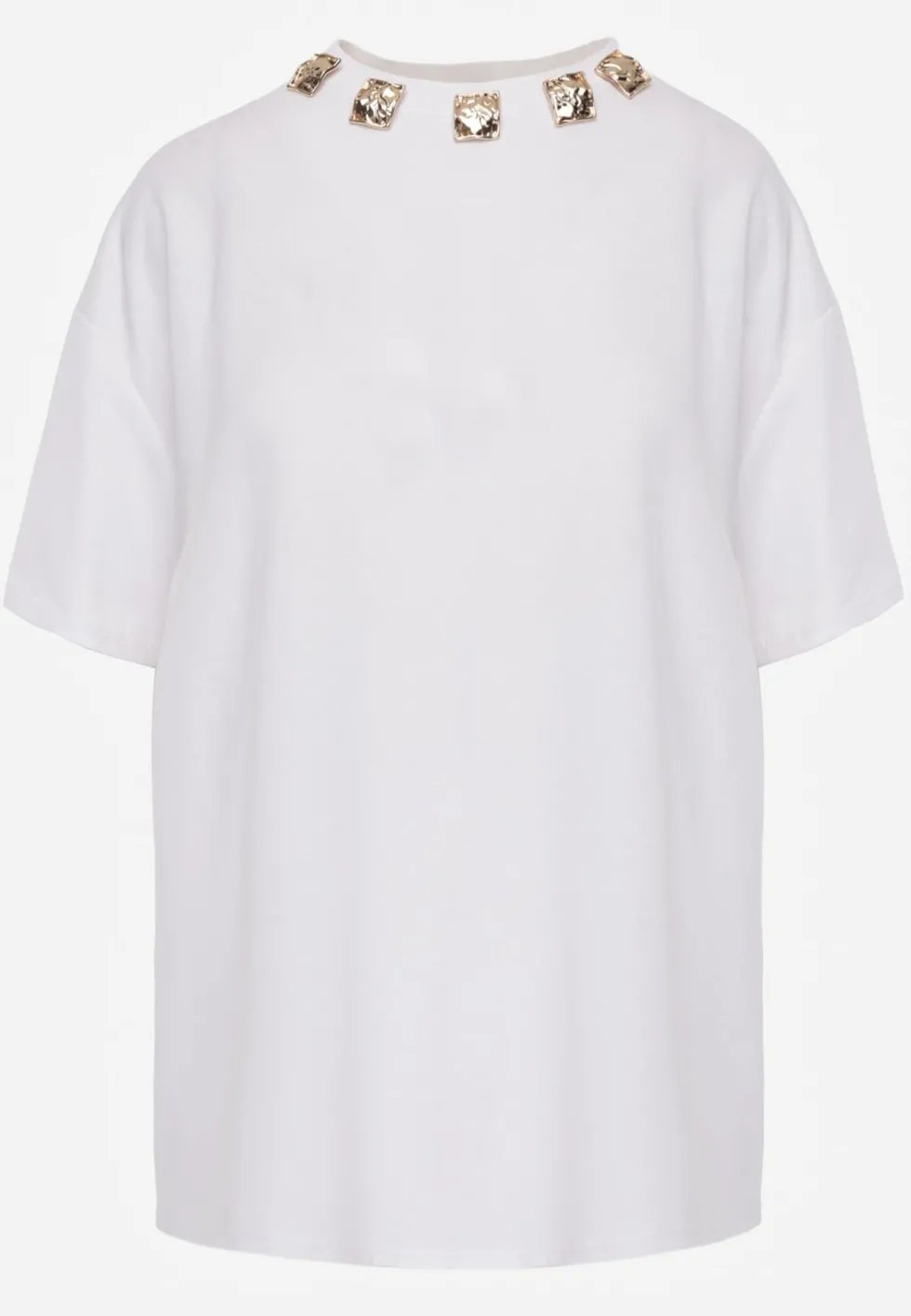 Biały Oversizowy T-shirt z Bawełny Zdobiony Kwadratowymi Aplikacjami Evesilea