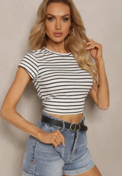Biały Prążkowany T-shirt z Bawełny o Krótkim Kroju Zolira