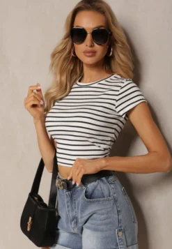 Biały Prążkowany T-shirt z Bawełny o Krótkim Kroju Zolira