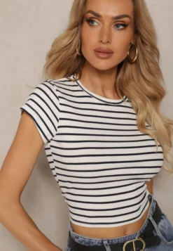 Biały Prążkowany T-shirt z Bawełny o Krótkim Kroju Zolira