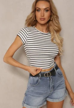 Biały Prążkowany T-shirt z Bawełny o Krótkim Kroju Zolira