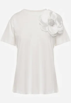 Biały T-shirt Bluzka z Bawełny z Krótkim Rękawem i Aplikacją Kwiatu Dimasa