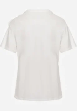 Biały T-shirt Bluzka z Bawełny z Krótkim Rękawem i Aplikacją Kwiatu Dimasa