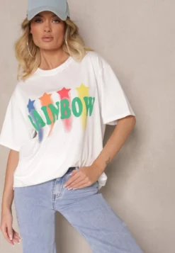 Biały T-shirt o Kroju Oversize z Nadrukowanym Napisem Ilorella