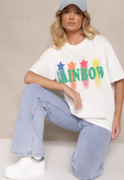 Biały T-shirt o Kroju Oversize z Nadrukowanym Napisem Ilorella