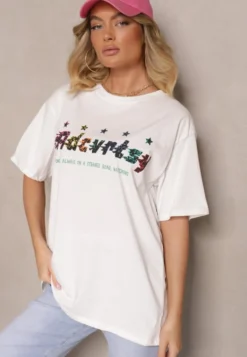 Biały T-shirt Oversize Ozdobiony Napisem i Kolorowymi Gwiazdami Ilamora