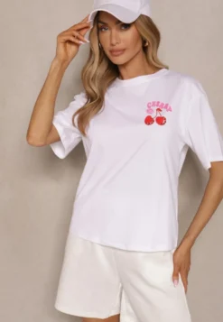 Biały T-shirt z Bawełną Wzorem Wiśni i Cyrkoniami Linavella