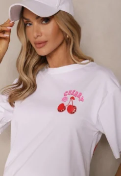 Biały T-shirt z Bawełną Wzorem Wiśni i Cyrkoniami Linavella