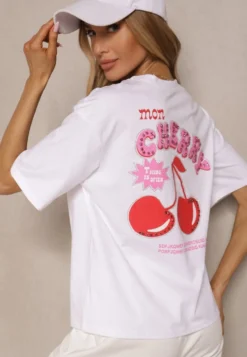 Biały T-shirt z Bawełną Wzorem Wiśni i Cyrkoniami Linavella