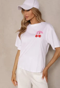 Biały T-shirt z Bawełną Wzorem Wiśni i Cyrkoniami Linavella
