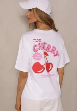 Biały T-shirt z Bawełną Wzorem Wiśni i Cyrkoniami Linavella